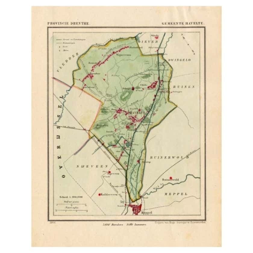 Antique Map Of The Township Of Havelte In The Netherlands, 1865