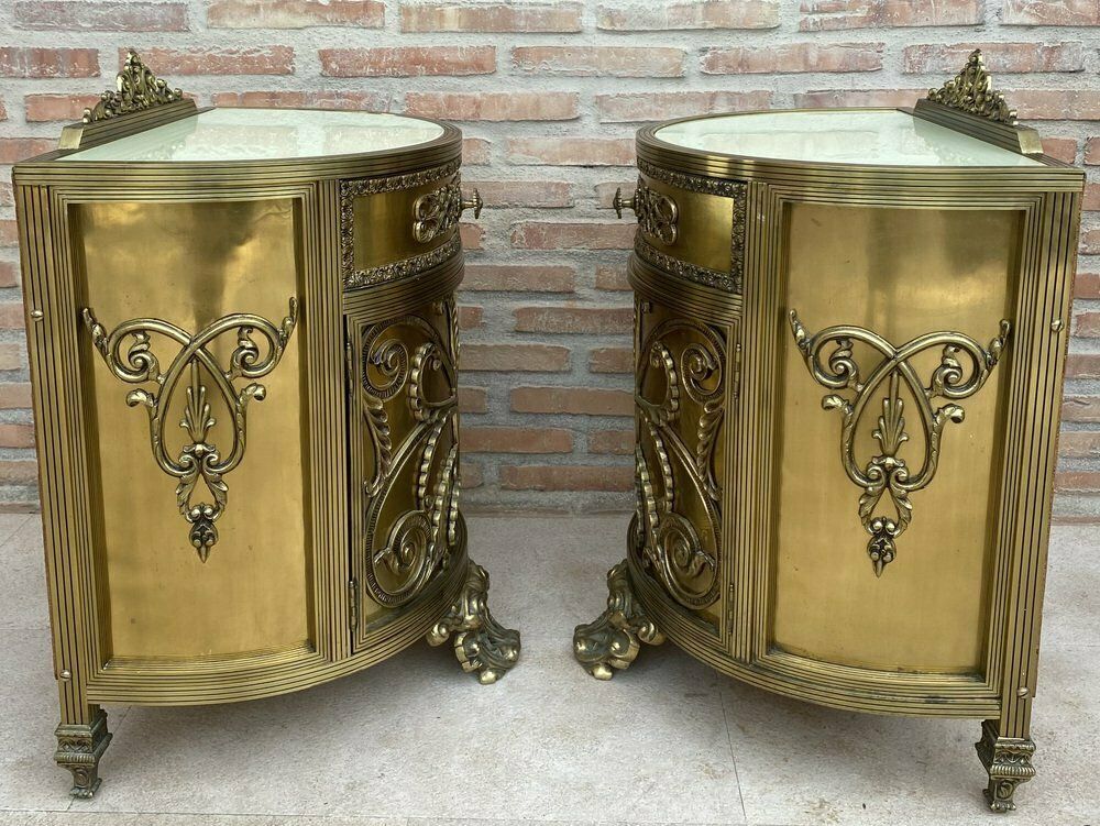 Furniture Antique Louis XVI Style Bronze And Brass Showcases Or Nightstands, 1890s, Set Of 2 photo