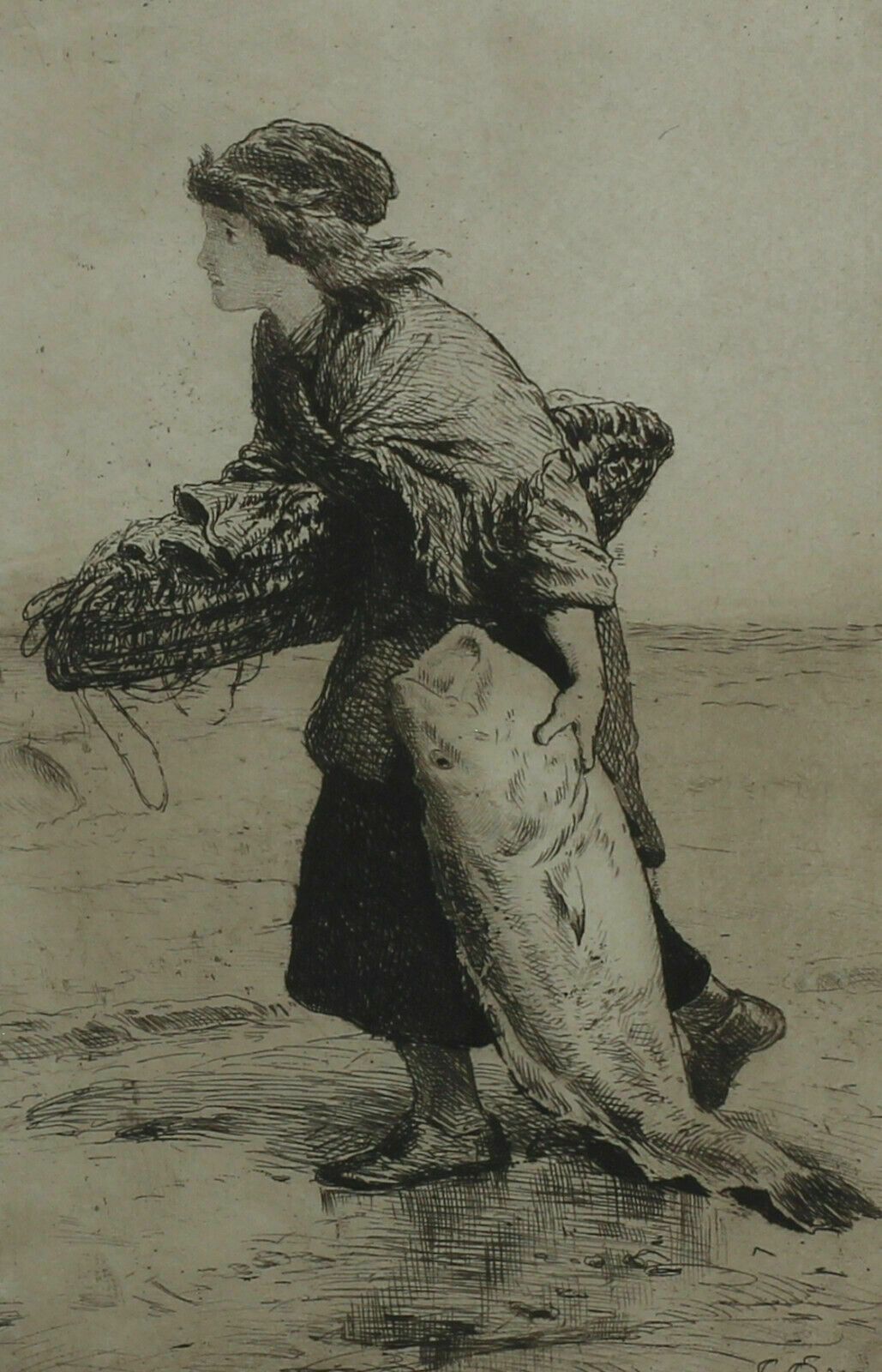 Etching Of A Woman Bringing Home The Day's Catch. Signed By John Dawson Watson. photo furniture