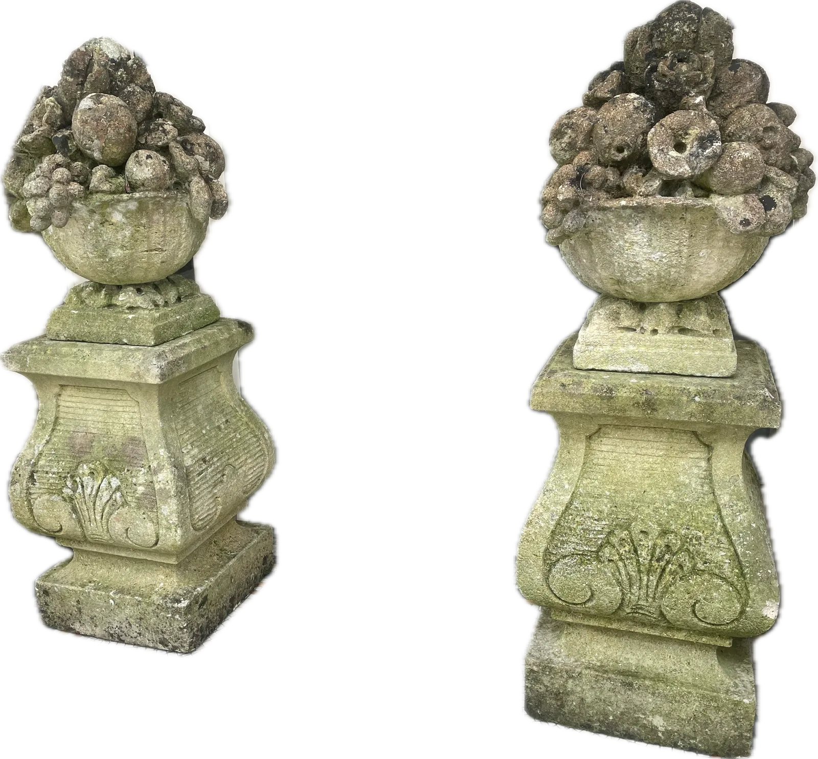 photo vinterior Large Pair Of Antique Hand Carved Stone Fruit Basket Urns  On Their Original Decorative Solid Stone Plinths