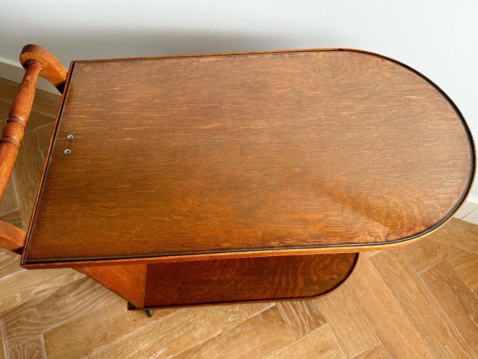 Vintage Mid Century Serving Trolley, Carved Wood Side Table On Wheels, Midcentury Modern, Retro Wooden Tea Trolley, Drinks Serving Trolley photo vintage