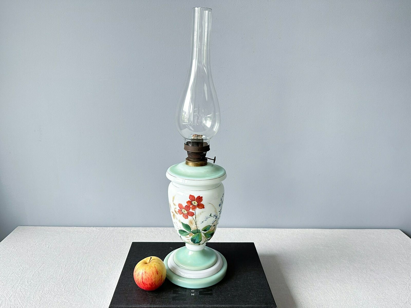 Antique Oil Lamp, Opaline Glass Hand Painted Oil Lamp, Holland, Oil Lamp Flower Decor photo furniture