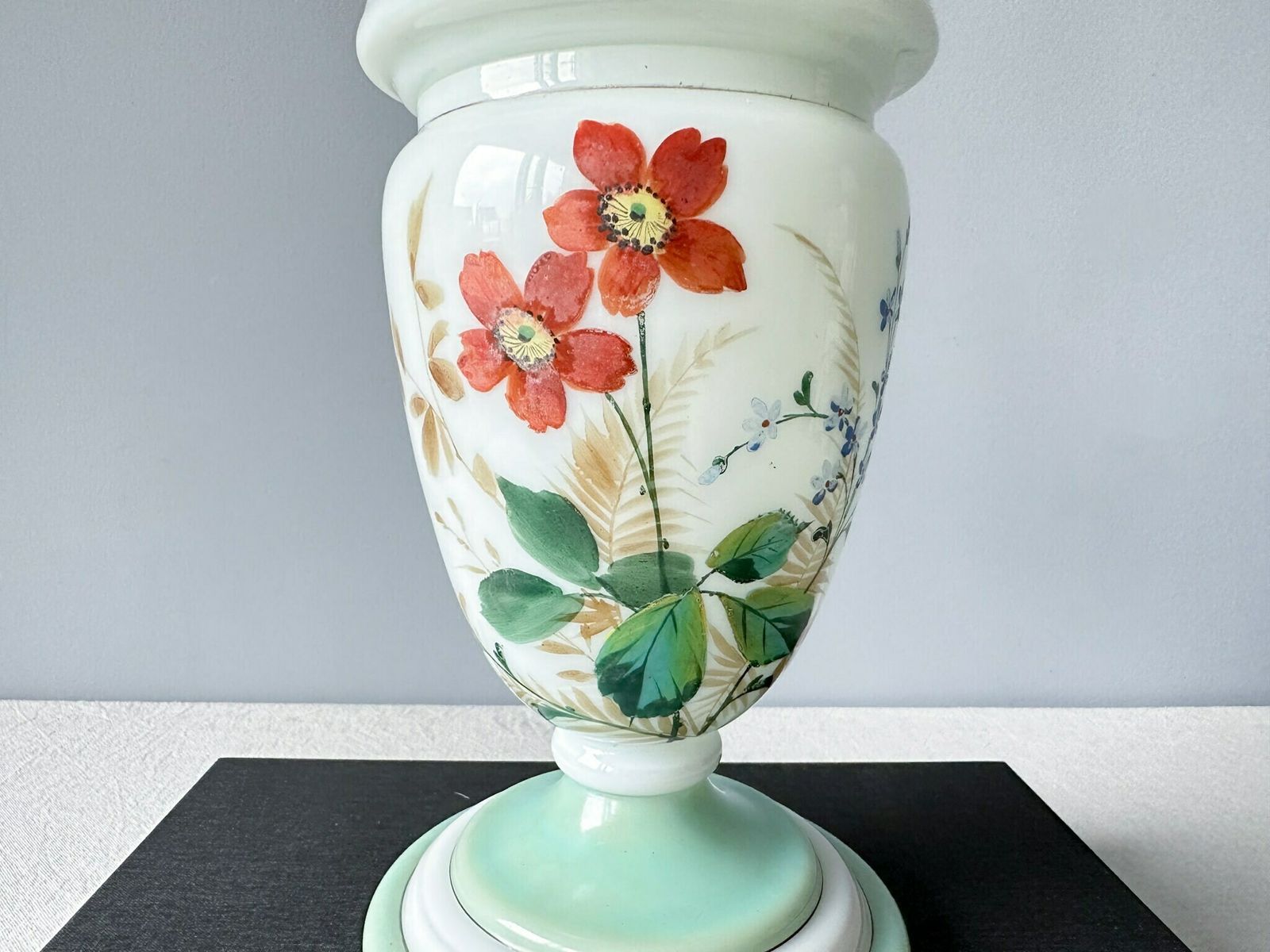 Antique Oil Lamp, Opaline Glass Hand Painted Oil Lamp, Holland, Oil Lamp Flower Decor photo for sale
