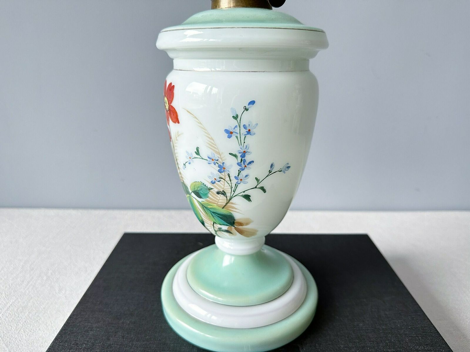 Antique Oil Lamp, Opaline Glass Hand Painted Oil Lamp, Holland, Oil Lamp Flower Decor photo 151.0