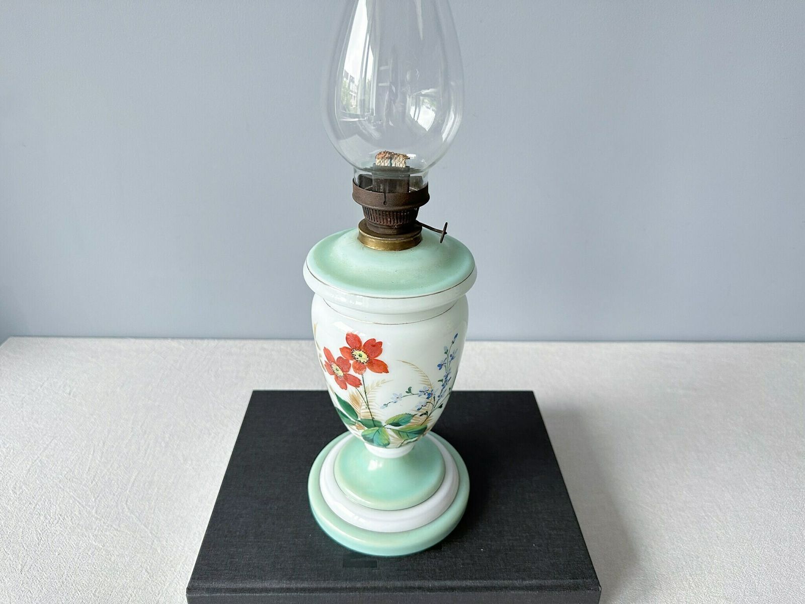 Antique Oil Lamp, Opaline Glass Hand Painted Oil Lamp, Holland, Oil Lamp Flower Decor photo buy
