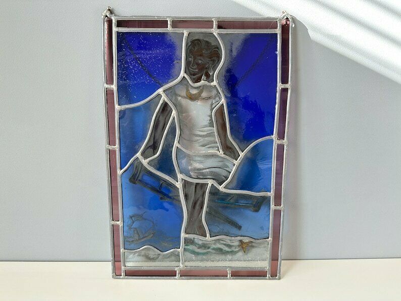 Vintage Stained Glass Sun Catcher, Vintage Suncatcher, Stained Glass Window Hanging 18"X12" photo furniture