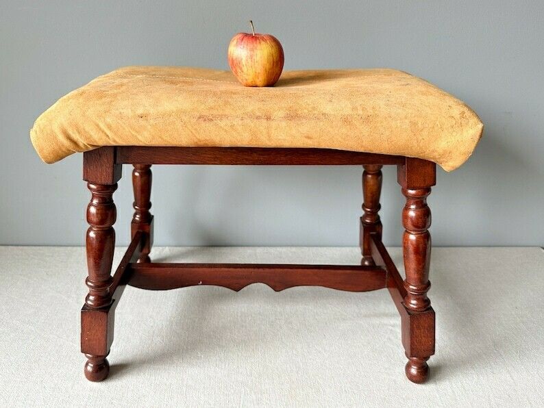 Vintage Dutch Carved Wood Stool With Leather Seat, Vintage Wooden Bench, Farmhouse Decor, Cottage Decor, Footstool photo furniture