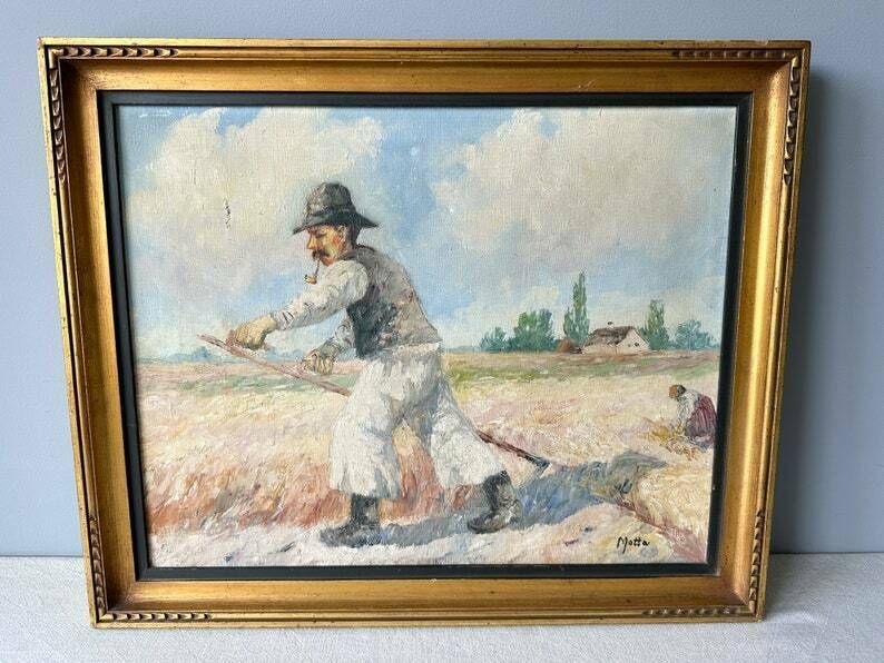Vintage Original Oil Painting, Belgian School, Hay Harvest, 19" X 23"