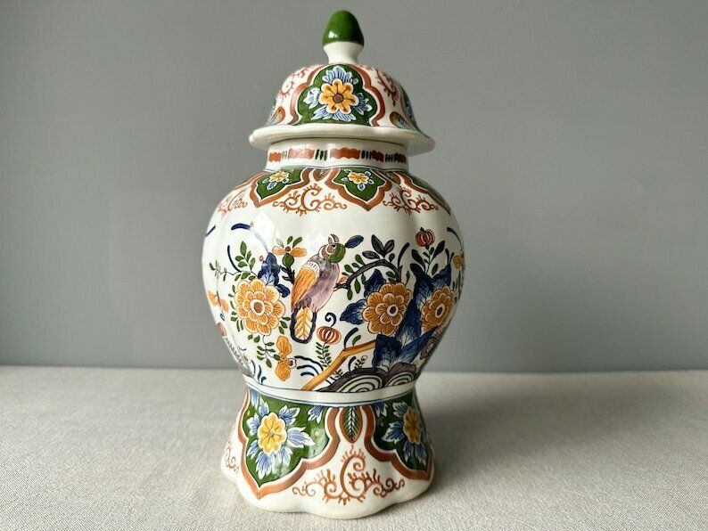 Antique Rare Delft Polychrome Hand Painted Lidded Vase, Delft Polychrome Ginger Jar, Delft Polychrome Urn