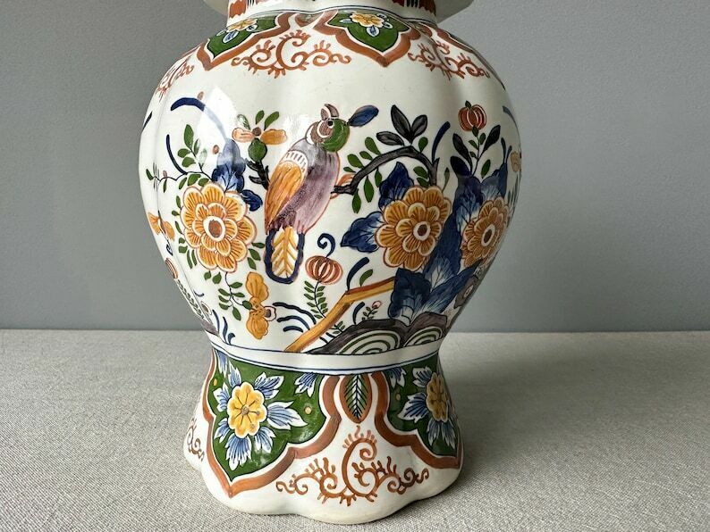 Antique Rare Delft Polychrome Hand Painted Lidded Vase, Delft Polychrome Ginger Jar, Delft Polychrome Urn photo furniture