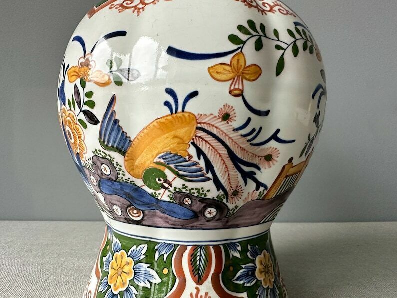 Antique Rare Delft Polychrome Hand Painted Lidded Vase, Delft Polychrome Ginger Jar, Delft Polychrome Urn photo for sale