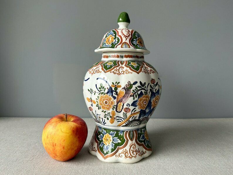 photo furniture Antique Rare Delft Polychrome Hand Painted Lidded Vase, Delft Polychrome Ginger Jar, Delft Polychrome Urn