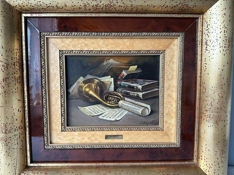 Unique Still Life Vintage Original Oil Painting By J.Ripoll, Still Life With Trumpet, Gilt Frame, 18" X 20", Gift For A Musician photo furniture