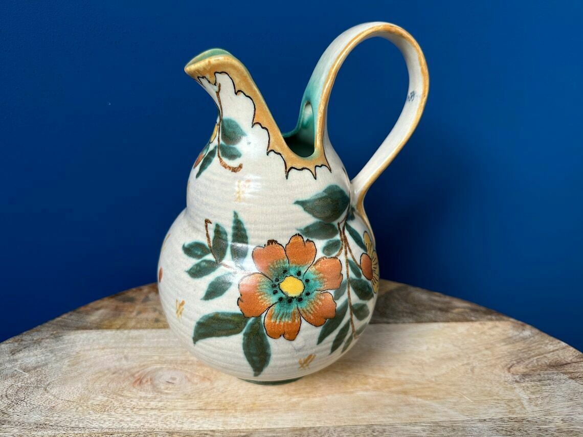 Vintage Hand Painted Matte Glaze Jug/Pitcher Vase By Pzh   Plateelbakkerij Zuid Holland, Art Nouveau Gouda Vase photo furniture