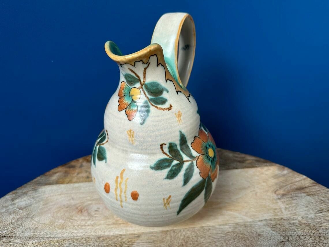 Vintage Hand Painted Matte Glaze Jug/Pitcher Vase By Pzh   Plateelbakkerij Zuid Holland, Art Nouveau Gouda Vase photo for sale