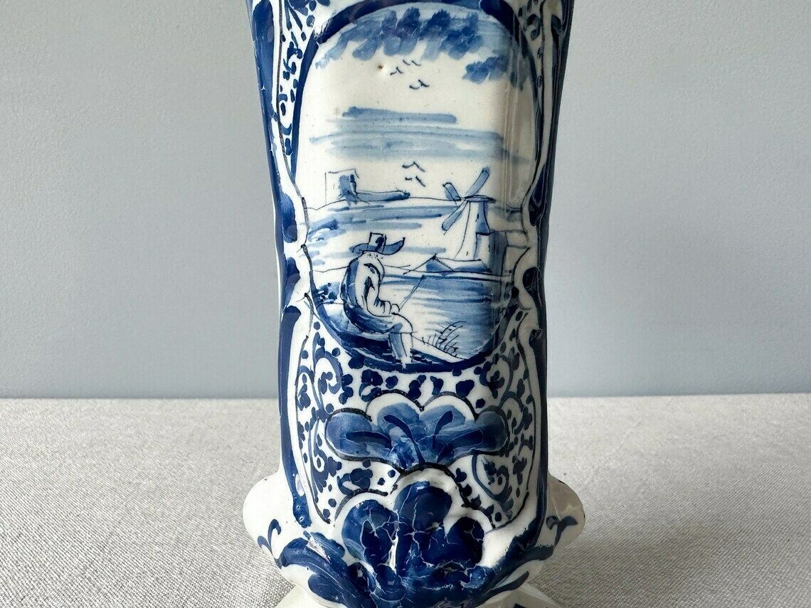 Antique Rare 18th Century Delft Blue Floral Tin Glazed Vase By De Drie Klokken (Three Bells), Collector's Item, Antique Delft Blue photo furniture