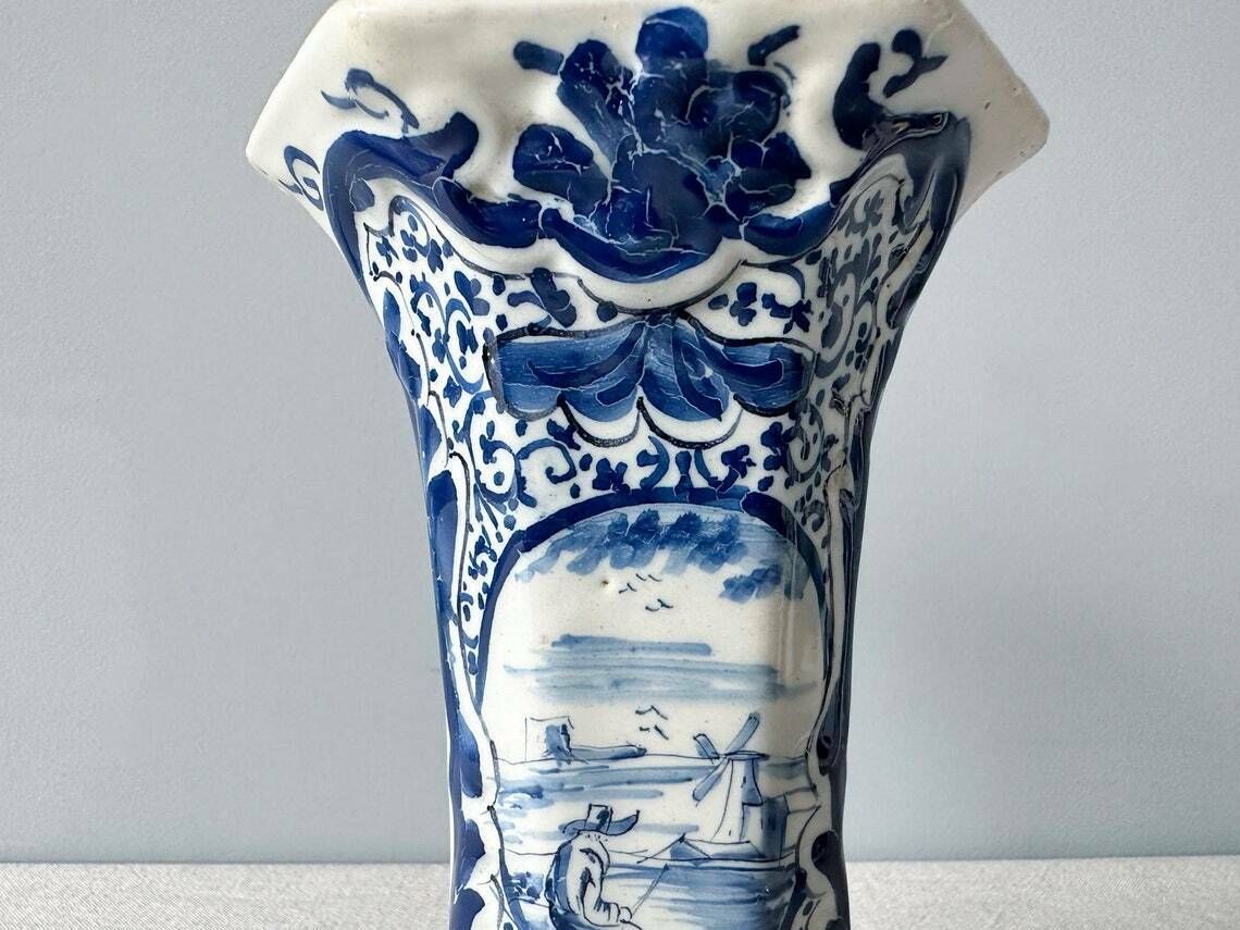 Antique Rare 18th Century Delft Blue Floral Tin Glazed Vase By De Drie Klokken (Three Bells), Collector's Item, Antique Delft Blue photo Home Decor