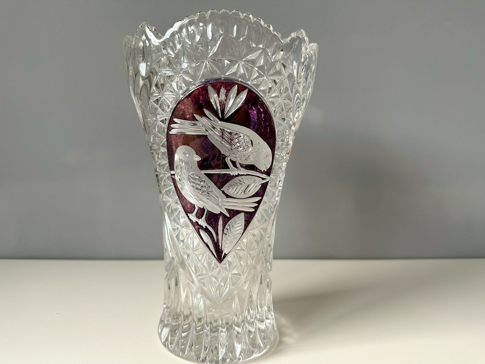 Vintage Flower Vase Birds Collection, The Ruby By Hofbauer, German Lead Glass Vase photo furniture