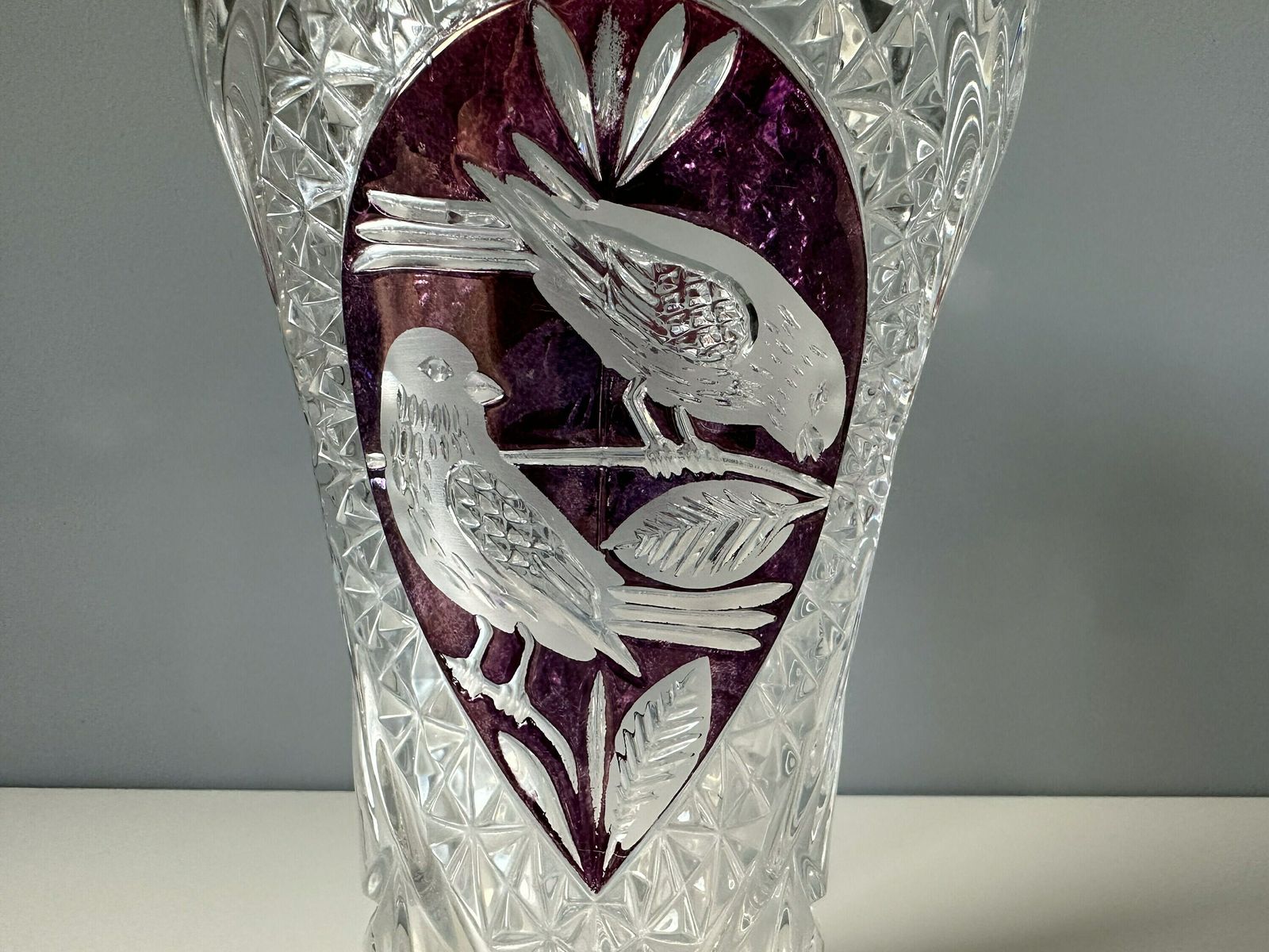 Vintage Flower Vase Birds Collection, The Ruby By Hofbauer, German Lead Glass Vase photo for sale