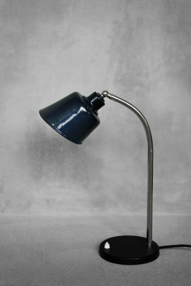 Vintage Classic Industrial Metal Polish Desk Lamp With Enamel Blue Shade, 1950s photo for sale