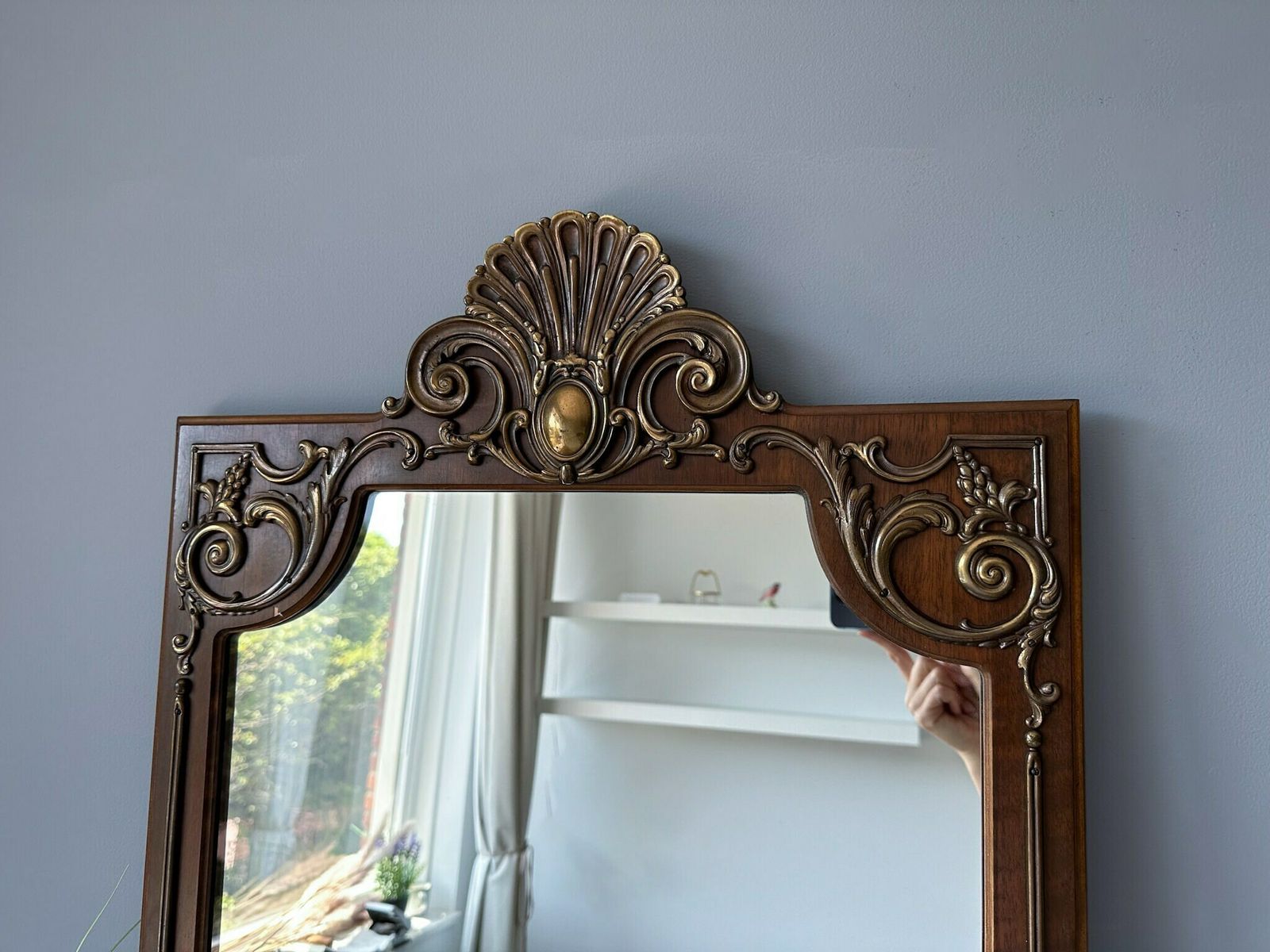 Antique Italian Wooden Mirror With Brass Decor, Large Wall Hanging Gold Mirror, Ornate Mirror, 42" X 21.55" photo vintage