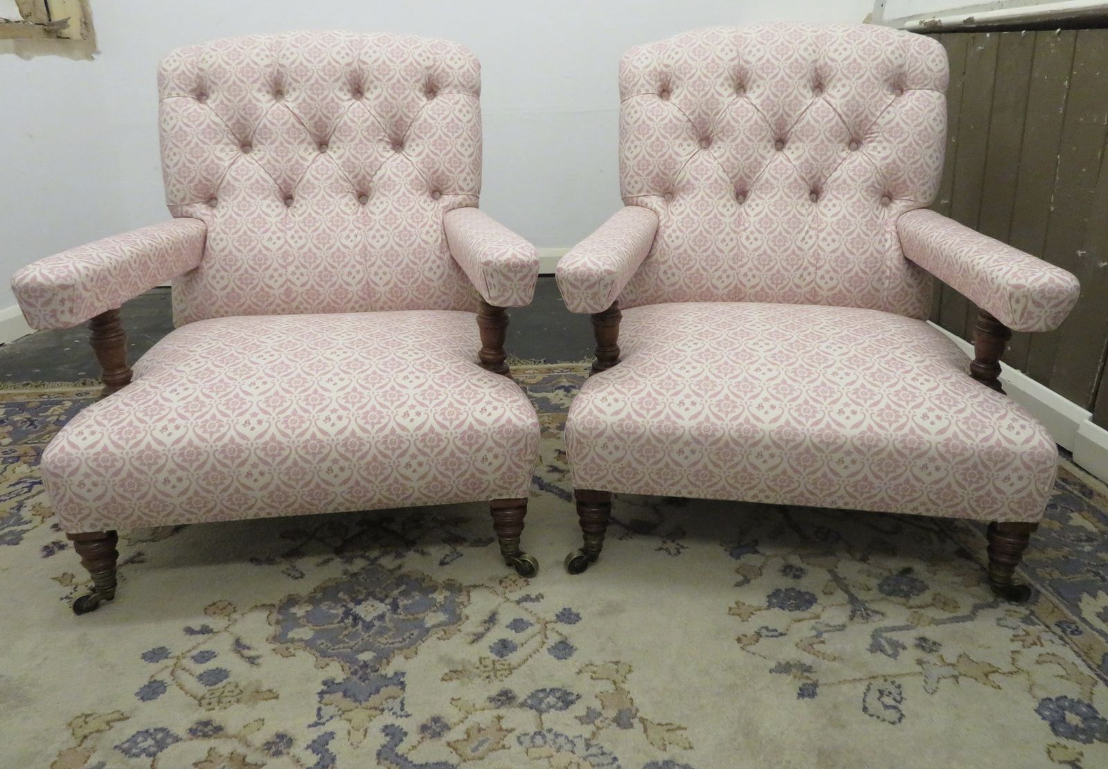 photo buy A Pair Of Howard And Sons Walnut Open Armchairs.