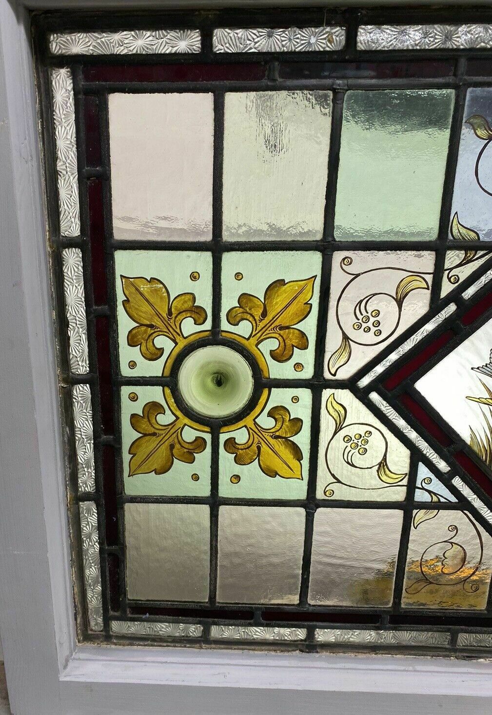 Victorian Stained Glass Hand Painted Rare Window Panel Old Restored Antique Lead photo for sale