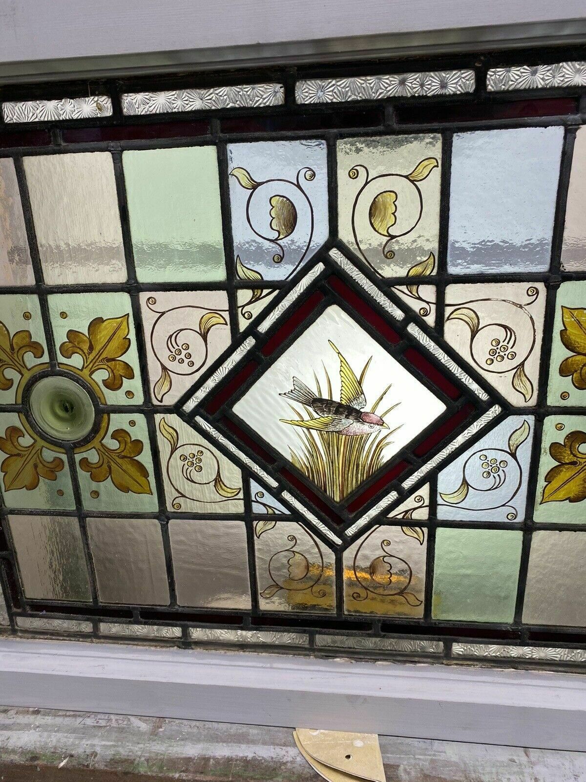 Victorian Stained Glass Hand Painted Rare Window Panel Old Restored Antique Lead photo Home Fixtures