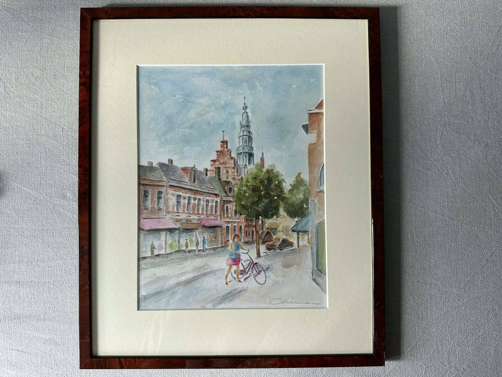 Vintage Original Water Colour Painting, City Landscape, Girl With A Bicycle 17.3" X 14.5"