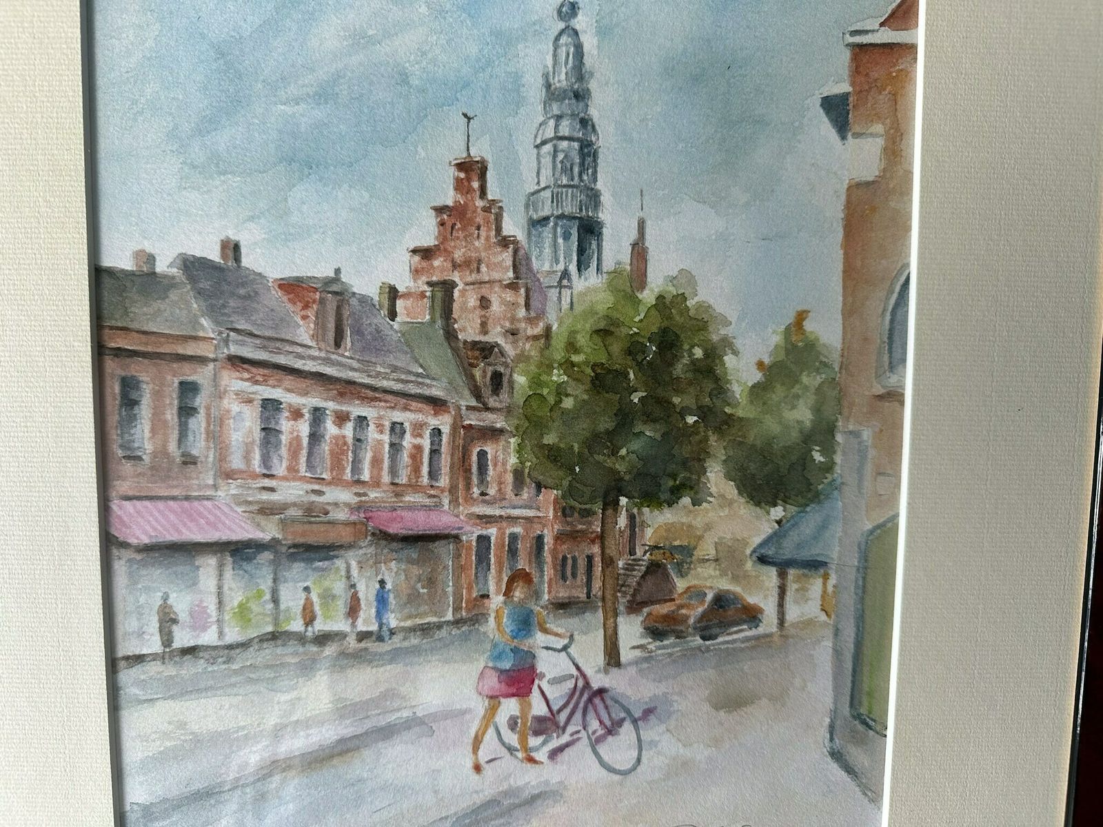 Vintage Original Water Colour Painting, City Landscape, Girl With A Bicycle 17.3" X 14.5" photo Art