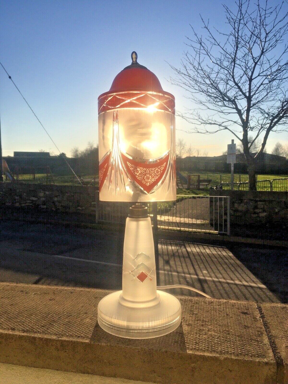 Lighting Art Deco 1930s Orange Frosted Geometric Etched Glass Lamp Base And Light Shade photo