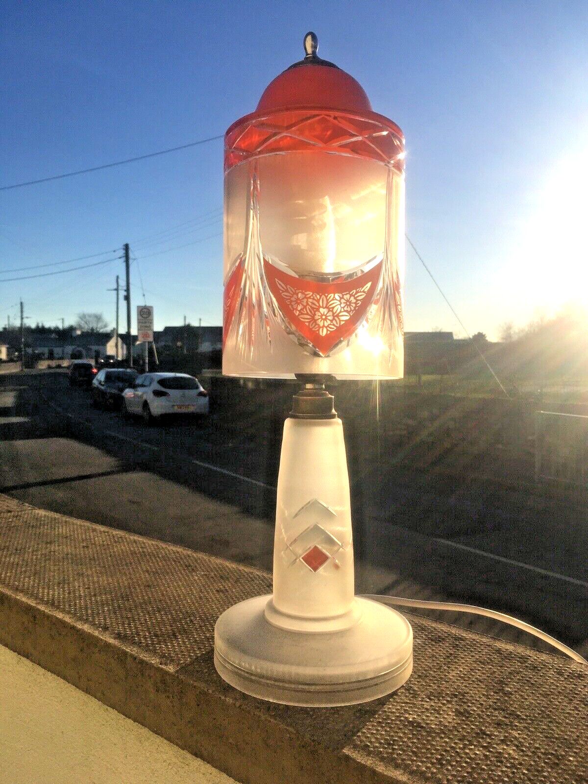 400.0 Art Deco 1930s Orange Frosted Geometric Etched Glass Lamp Base And Light Shade photo