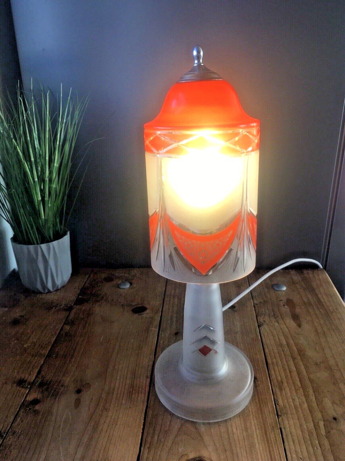 photo buy Art Deco 1930s Orange Frosted Geometric Etched Glass Lamp Base And Light Shade