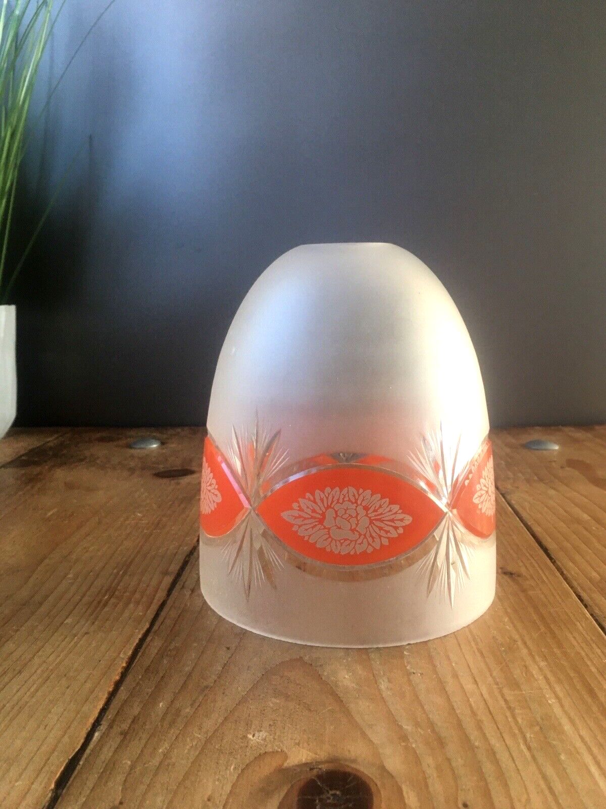 Superb Art Deco 1930's Orange Frosted Geometric Etched Glass Floral Lamp Shade photo for sale
