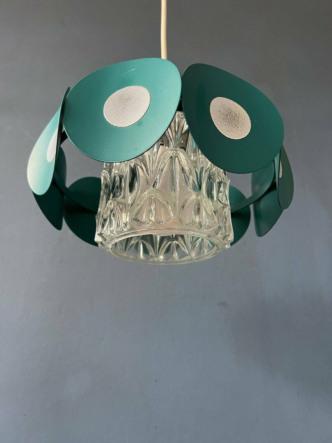 photo for sale Space Age Hanglamp Met Glazen Kap En Groen/Blauw Metalen Frame