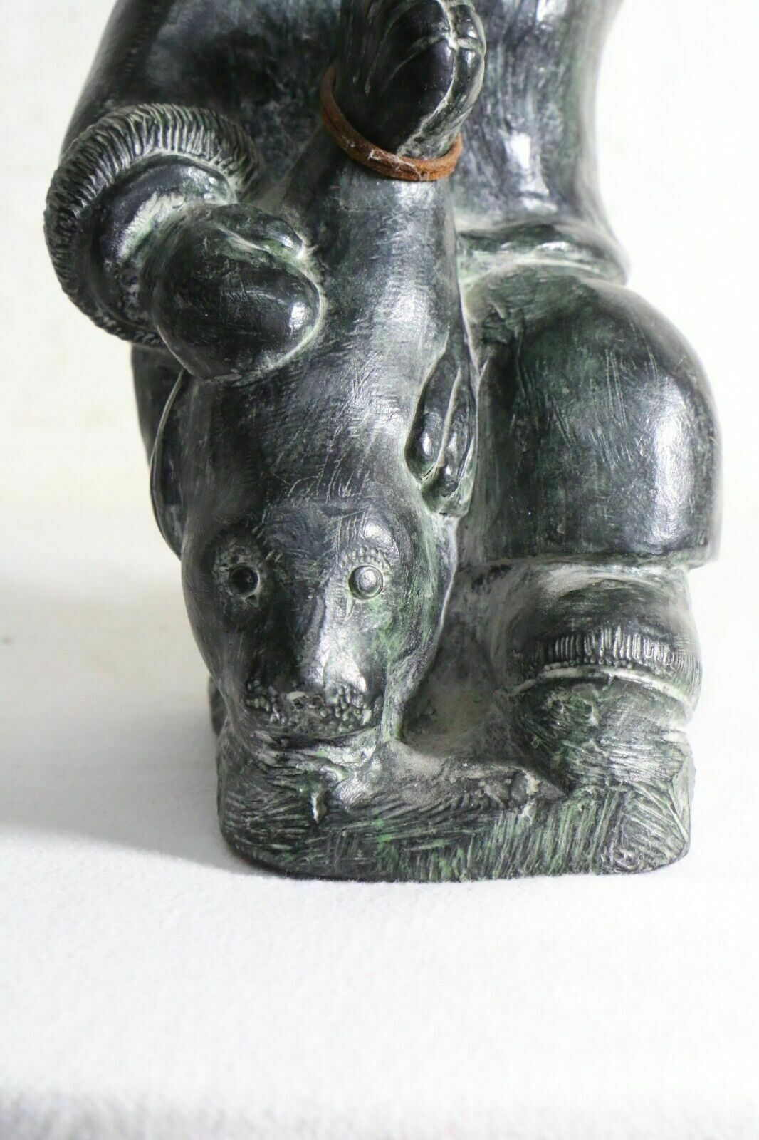 Genuine Eskimo Inuit Wolf Original Folk Art Sculpture Stone Carving Seal Hunter photo 75.0