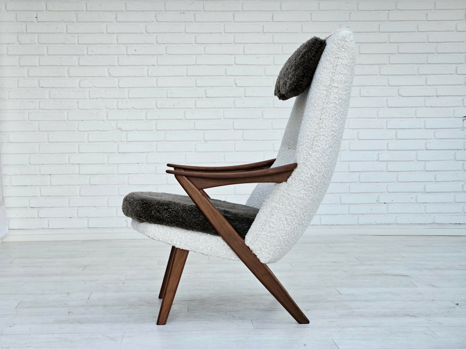 1960s, Scandinavian Design, Reupholstered Armchair, Furniture Fabric, Genuine Sheepskin, Teak. photo Furniture
