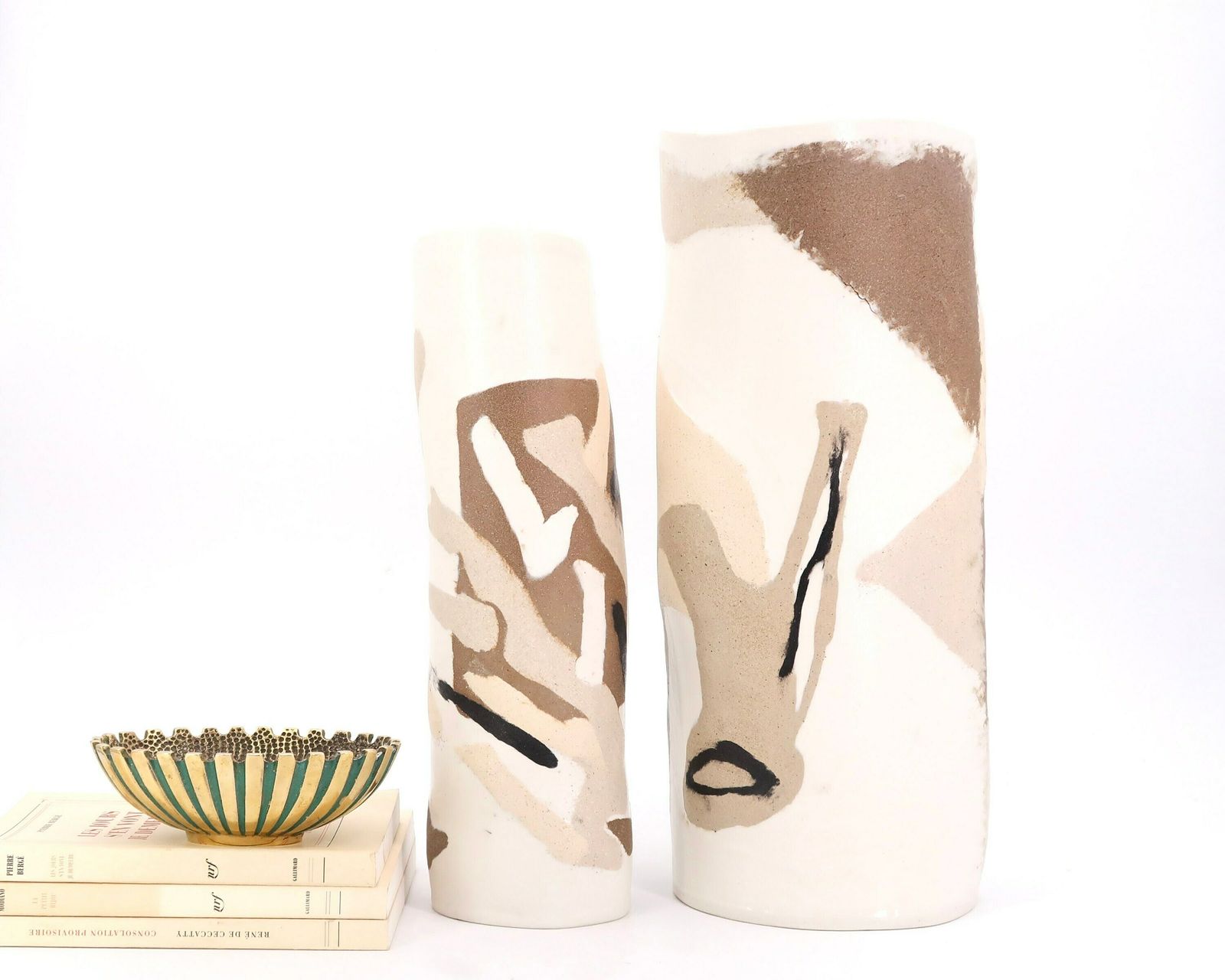 Large French Ceramic And Porcelain Totem Sculptures, Abstract Decors / Minimalist, Art, Blanc, Beige