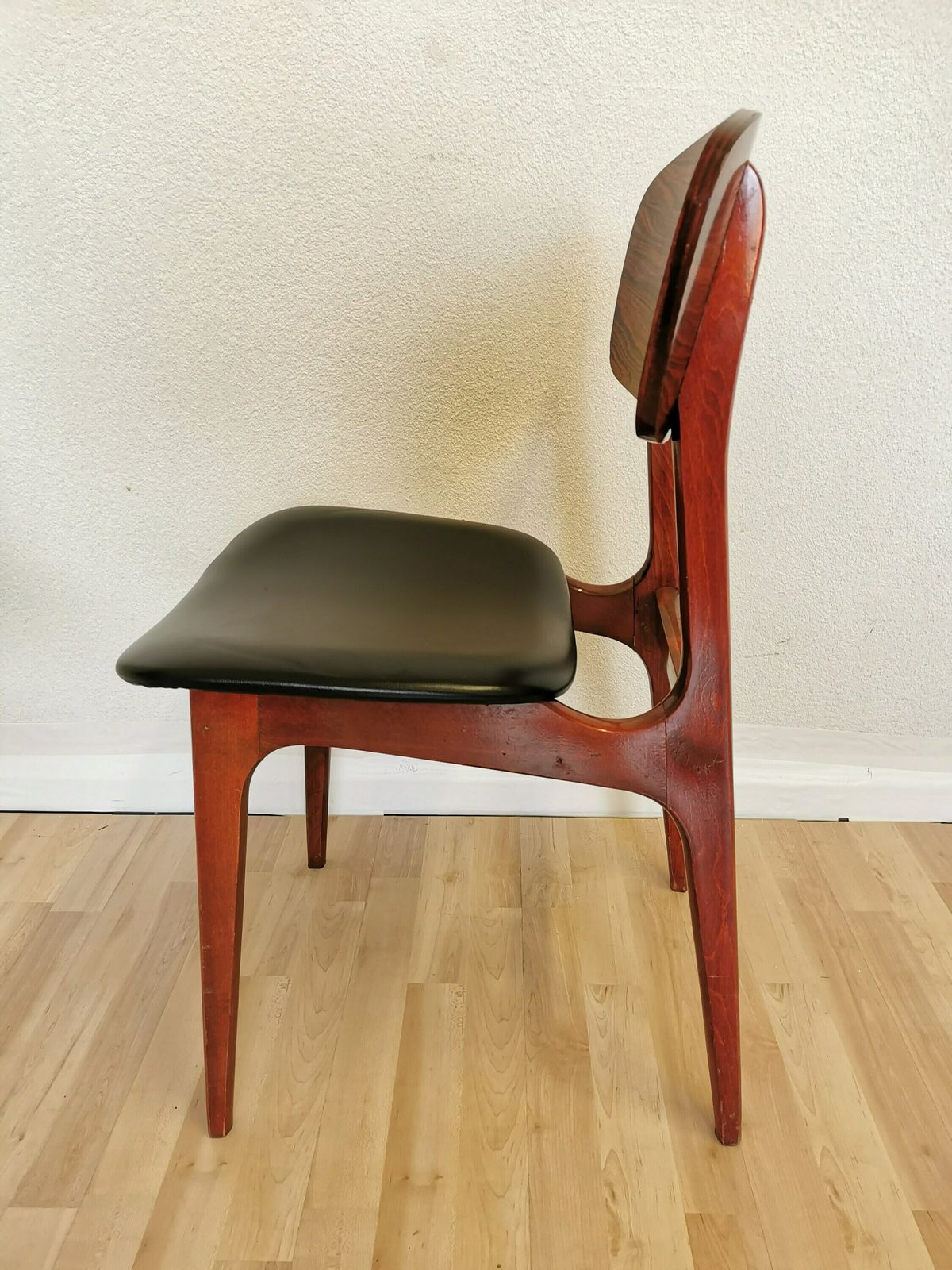 Vintage Wooden Dine Chair With Black Leather Seat / By Konjuh Zhivinice, Yugoslavia 1970s / Yugoslavia Retro Mid Century Dining Chair photo for sale