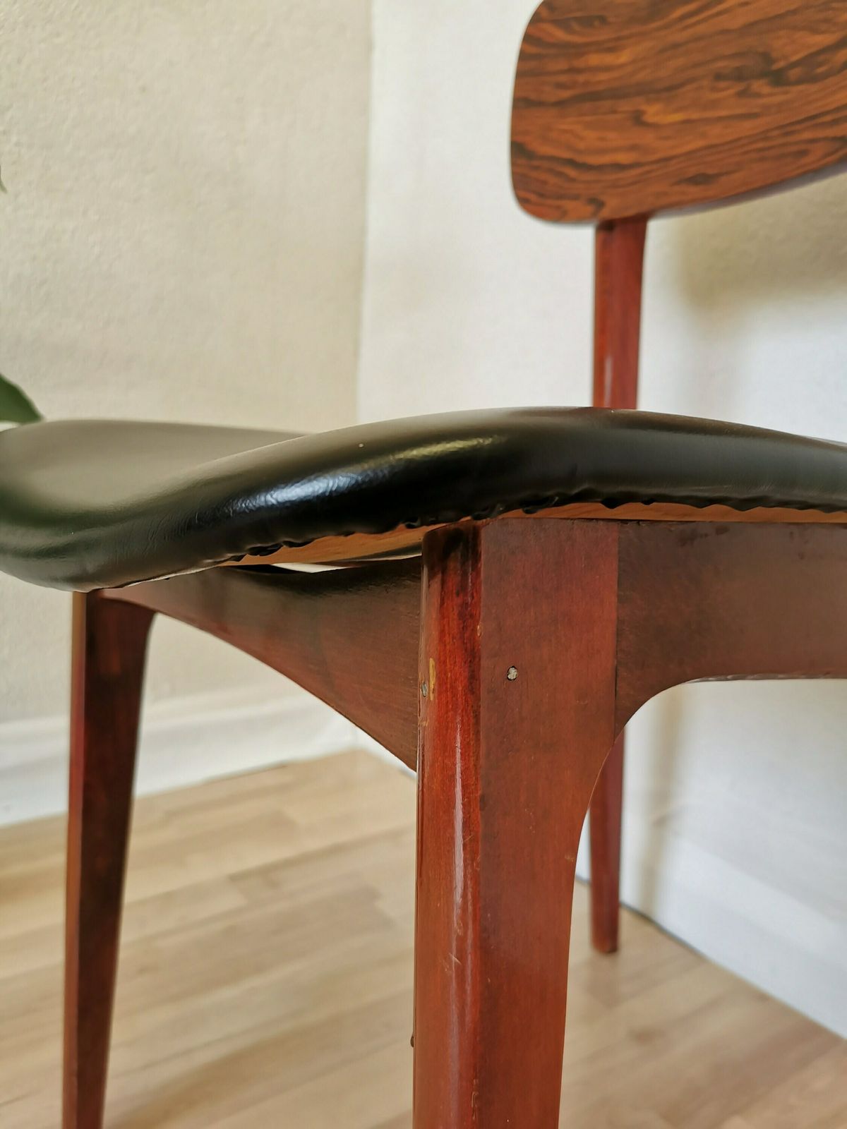 Vintage Wooden Dine Chair With Black Leather Seat / By Konjuh Zhivinice, Yugoslavia 1970s / Yugoslavia Retro Mid Century Dining Chair photo buy