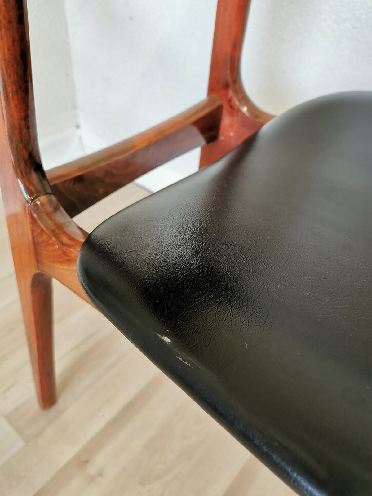 Vintage Wooden Dine Chair With Black Leather Seat / By Konjuh Zhivinice, Yugoslavia 1970s / Yugoslavia Retro Mid Century Dining Chair photo vintage