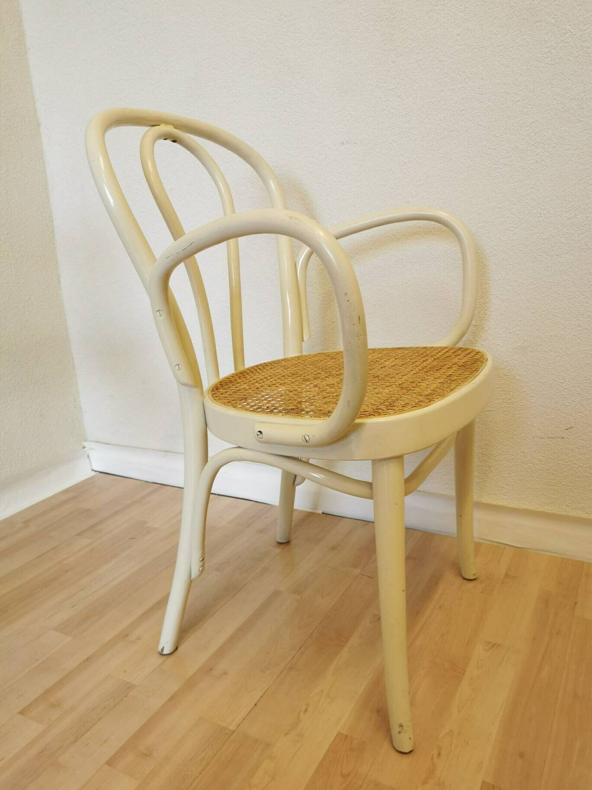 Vintage Dining White Chair In Thonet Style With Cane / Mid Century / Coffeehouse / Retro Dine Wicker Rattan Chair /Yugoslavia / Stol Kamnik photo for sale