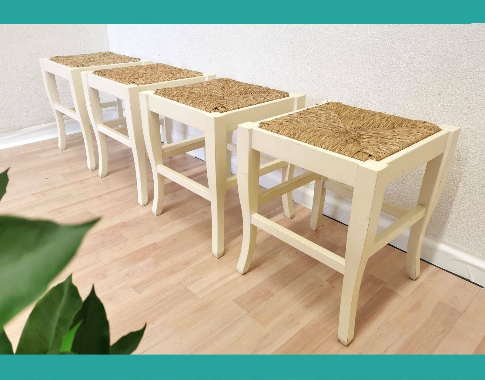 Set Of 4 Vintage White Wooden Stools With Thatched Seating / 1970s Yugoslavia / Boho Farmhouse Country Cottage Interior / Living Room Ideas