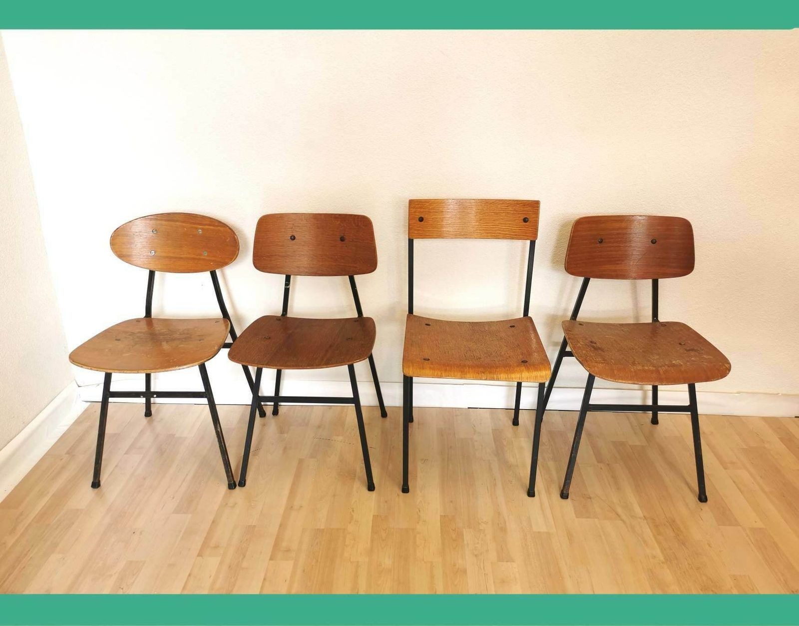 Set Of 4 Vintage Wooden Dining Chairs / Different Chairs By Stol Kamnik, 1970s, Yugoslavia / 70s / Dining Room / Industrial Home Decor