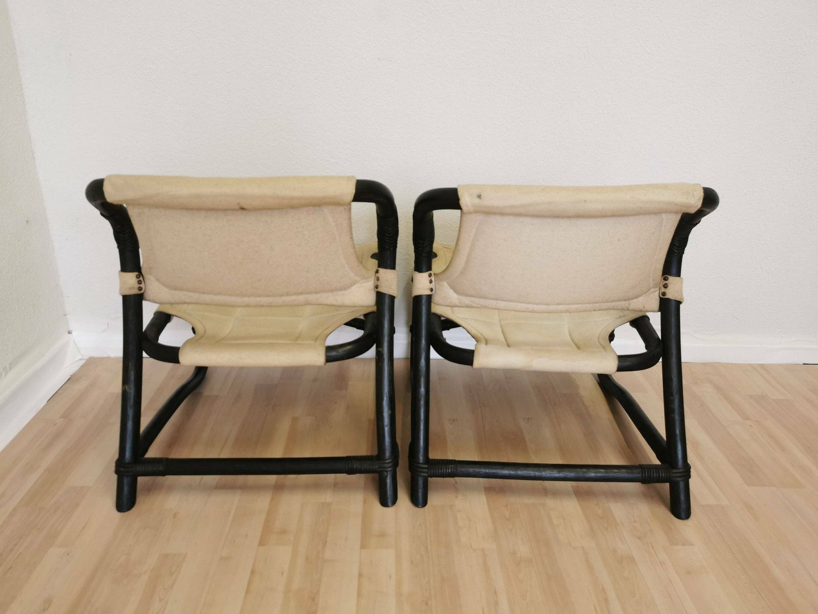 Set Of 2 Vintage Espri Safari Lounge Armchairs / Rare Mid Century Black Bamboo And Beige Fabric Easy Chairs / 1970s By Ikea, Sweden photo Furniture