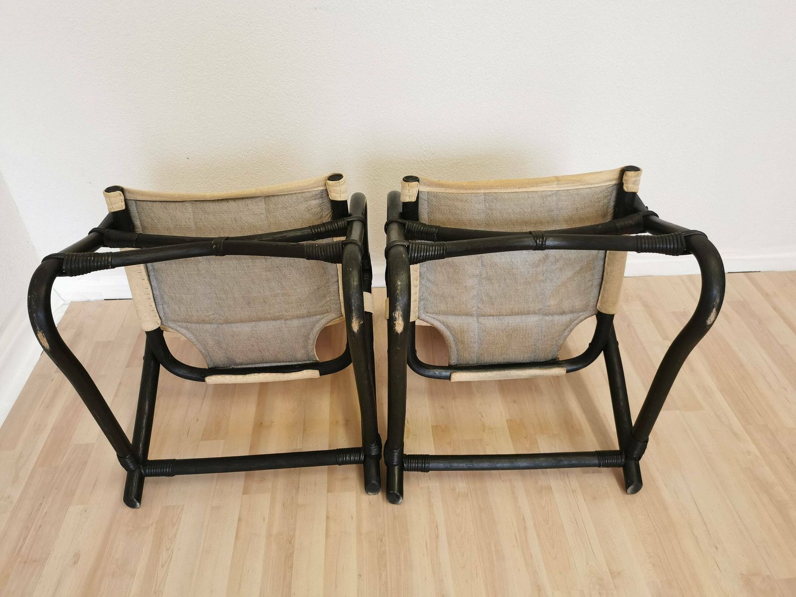 photo for sale Set Of 2 Vintage Espri Safari Lounge Armchairs / Rare Mid Century Black Bamboo And Beige Fabric Easy Chairs / 1970s By Ikea, Sweden