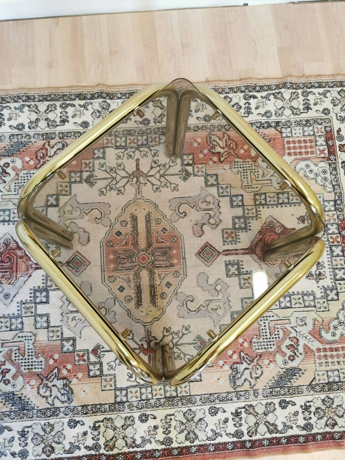 Mid Century Coffee Table / Vintage Brass Look End Table With Smoked Glass / Golden Vintage Small Table / Rectangular / Italian Design photo buy