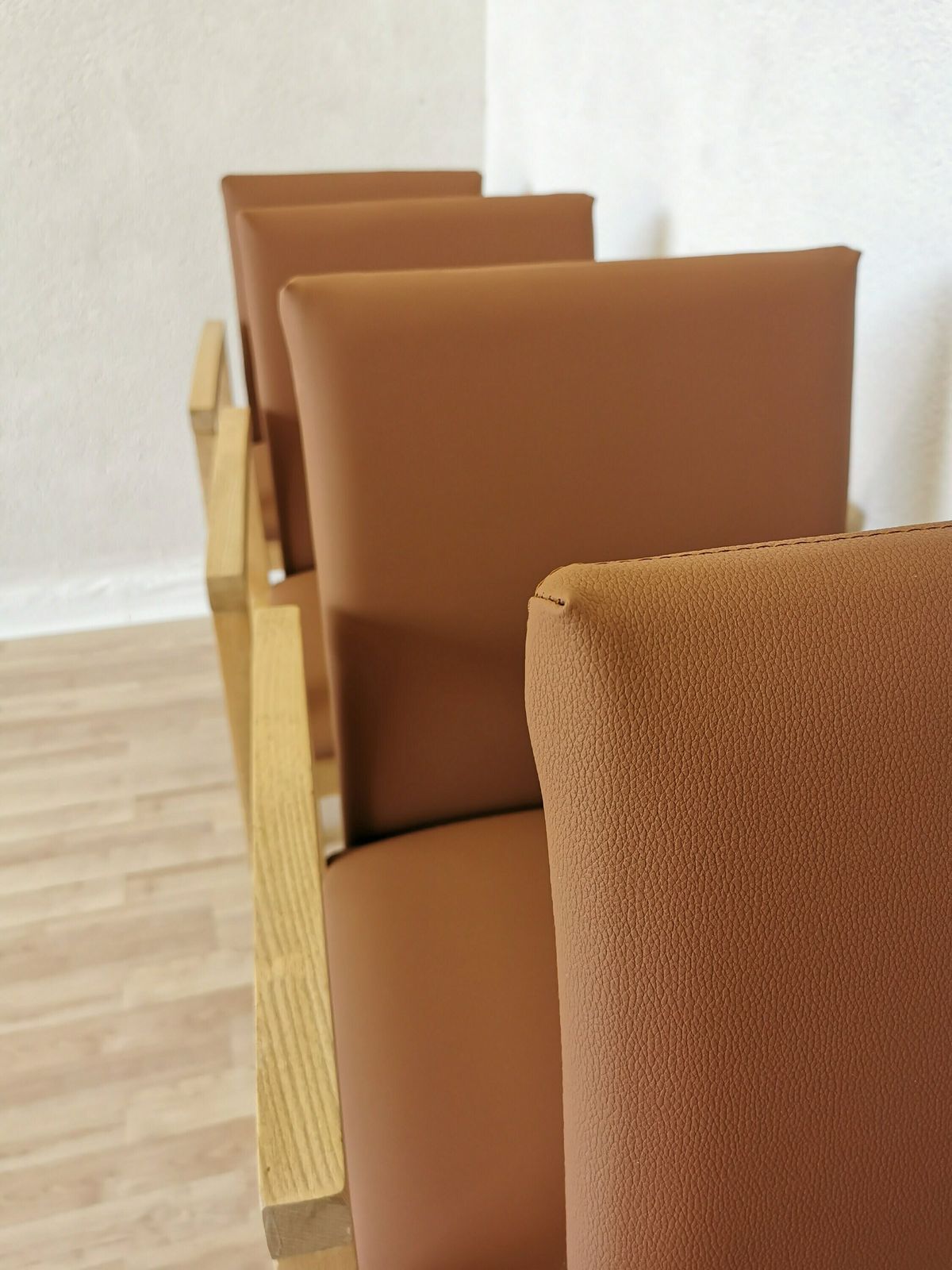 Set Of 4 Restored Vintage Massive Wooden Dining Chairs With Brown Leather And Armrests / Italian Mid Century Design / Made In Italy 1990s photo buy