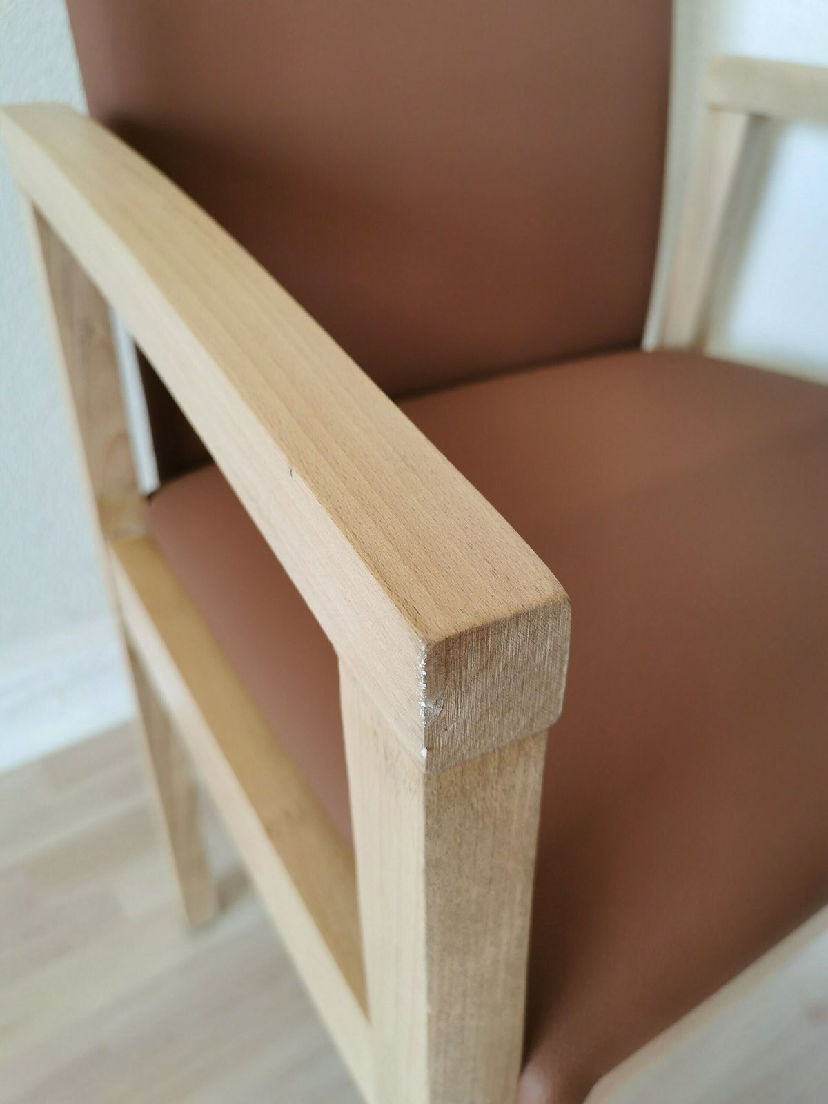 Set Of 4 Restored Vintage Massive Wooden Dining Chairs With Brown Leather And Armrests / Italian Mid Century Design / Made In Italy 1990s photo vintage