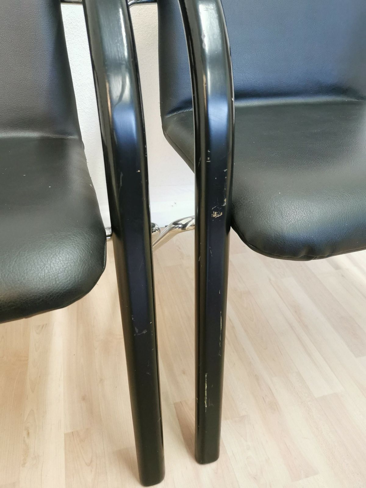 Set Of 2 Vintage Office Chairs In Black Leather Chrome Base Plastic Armrests / 1980s Waiting Room Chairs / Mid Century Italian Modern photo vintage